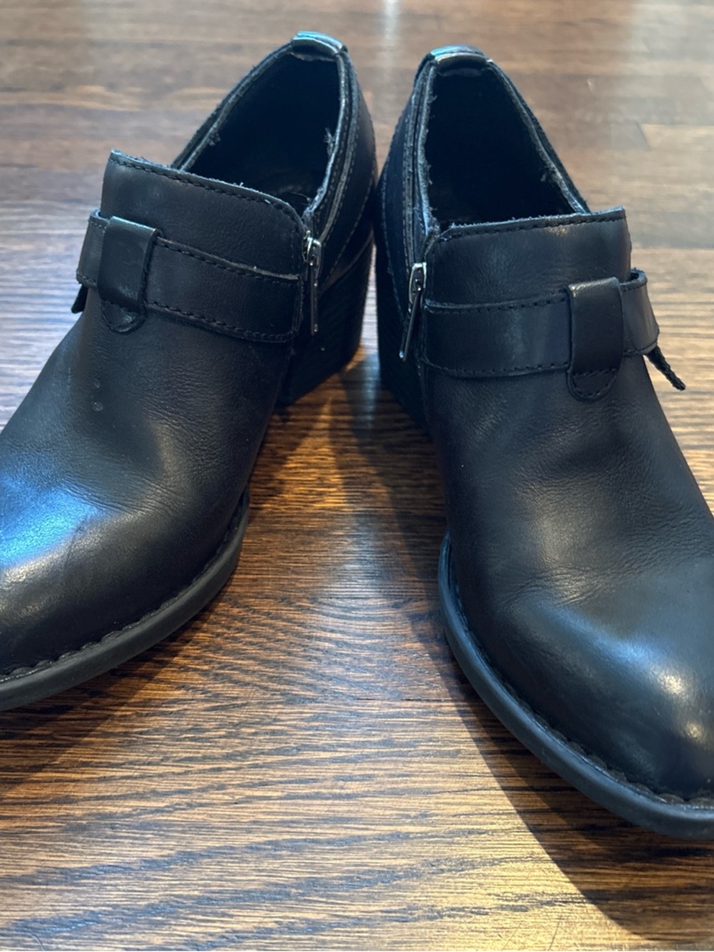 Born Black Leather Ankle Booties with Side Zip & Buckle Strap